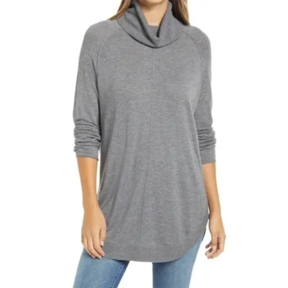 NWT Caslon Tunic Grey Cowl Neck Sweater Round Hem Size S